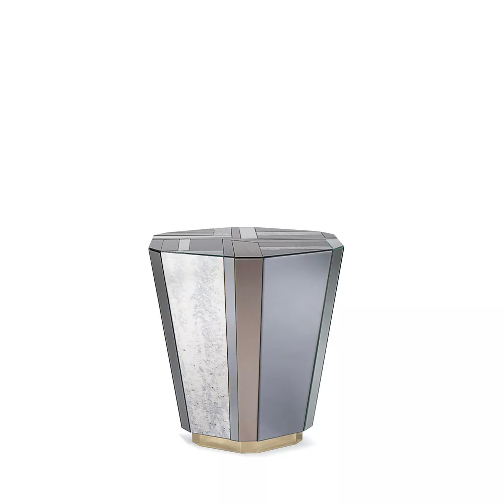 Side table with rich angular shapes and multicolored glass from the Art Deco period.