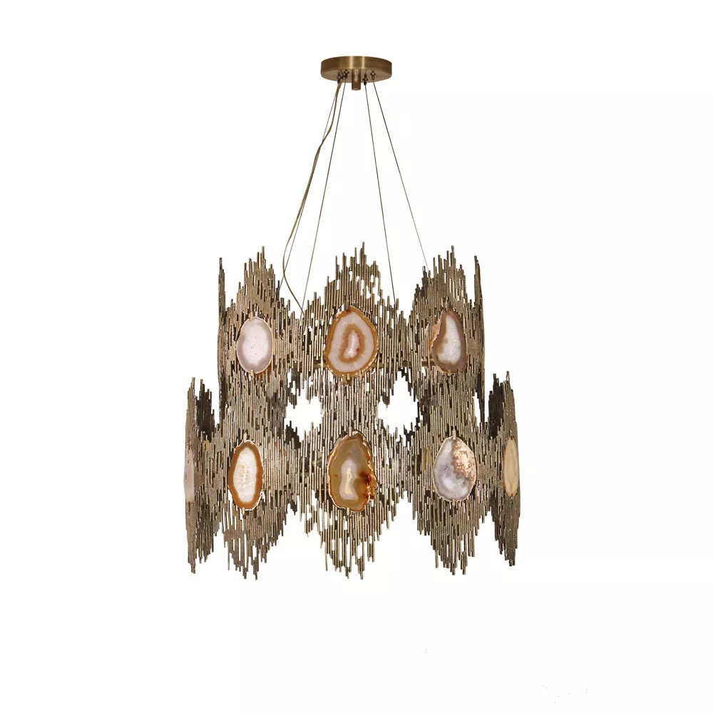 Vintage style two-ring chandelier, which combines neutral and dark tones, in which the light passes through the patterns of agate stones, which are embraced by golden metal.